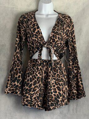 Bar III Women's Knot-Front Long-Sleeve Romper Swim Cover-Up, Natural Cheetah, XS